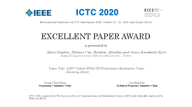 ICTC 2020 Konferansında Bilim İnsanlarımıza “Excellent Paper Award” Ödülü Görseli